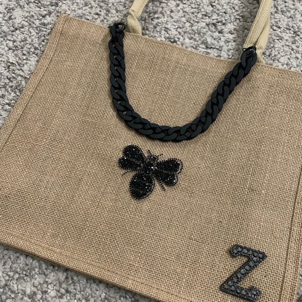 Brown jute tote black bee and initials